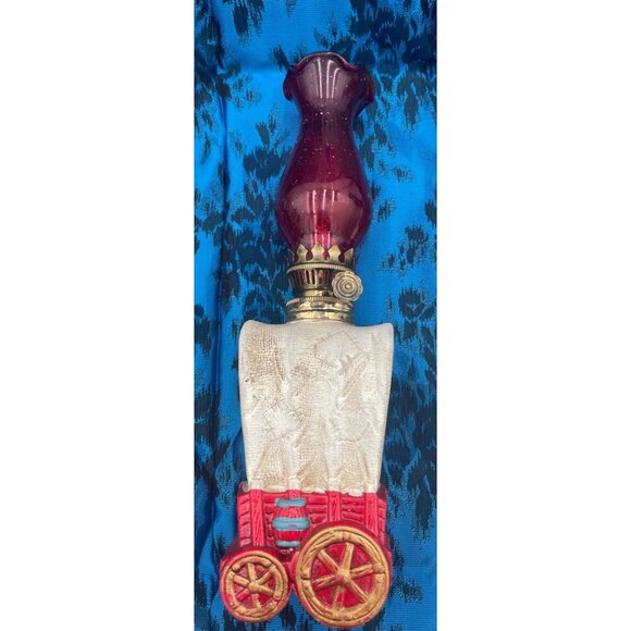 Miniature Covered Wagon Kerosene Lamp Red Glass Chimney Rustic Collectible - Picture 7 of 7